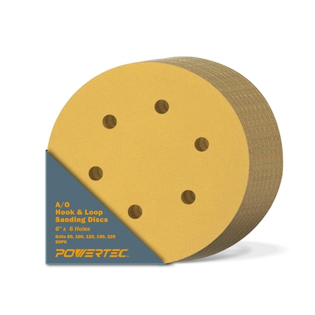Powertec 6 Inch 6 Hole Hook and Loop Sanding Discs, 80, 100, 120, 150, 220 Assorted Grits, 50PK 45200XG-50